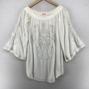 LILLY PULITZER Blouse 2XS Nita Beaded Off the Shoulder Resort Shell White
